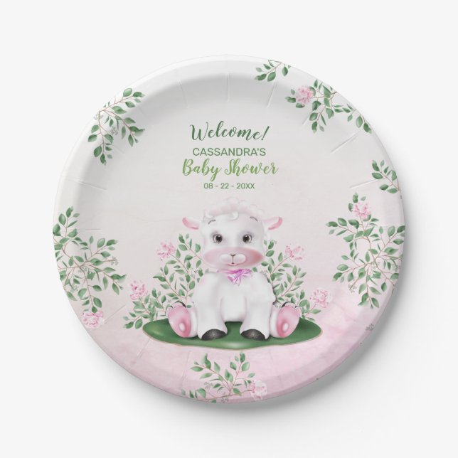 Lamb Pink Floral Baby Dusche Pappteller (Vorderseite)