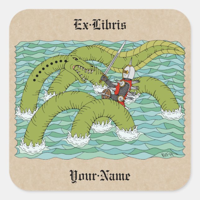 Lambton Worm und Knight Buchzeichen Quadratischer Aufkleber (Vorderseite)