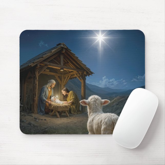 Lamm beobachtet die Weihnachtskrippe Mousepad (Mit Mouse)