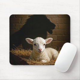 Lamm in einer Krippe mit Löwenschatten Mousepad
