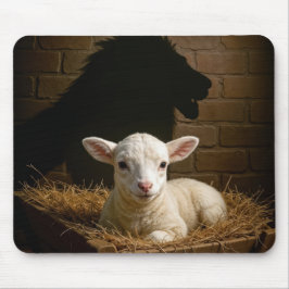 Lamm in einer Krippe mit Löwenschatten Mousepad