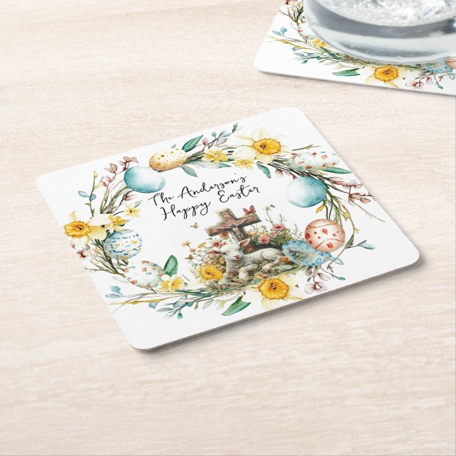 Lamm mit Crosss-I-Eiern und blumengeschmückten Ost Rechteckiger Pappuntersetzer (angewinkelt)