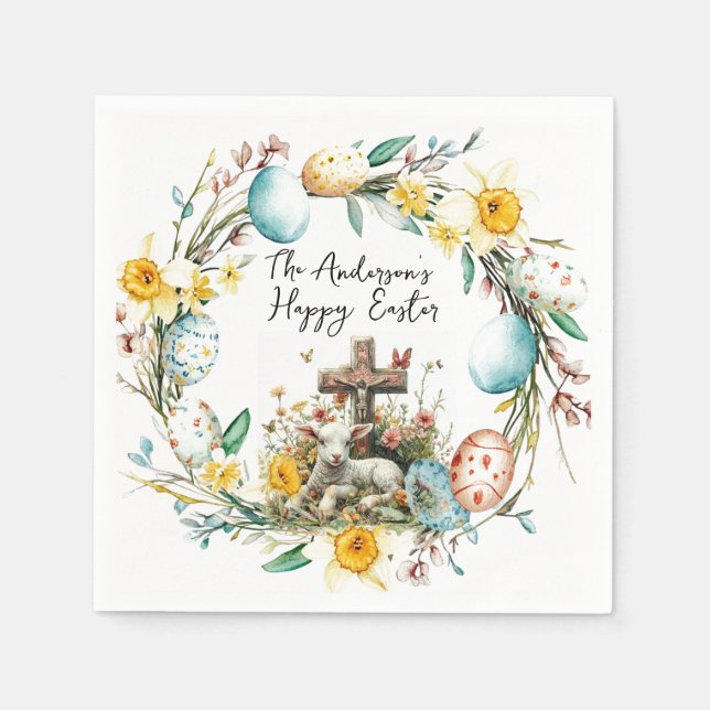 Lamm mit Crosss-I-Eiern und blumengeschmückten Ost Serviette (Vorderseite)