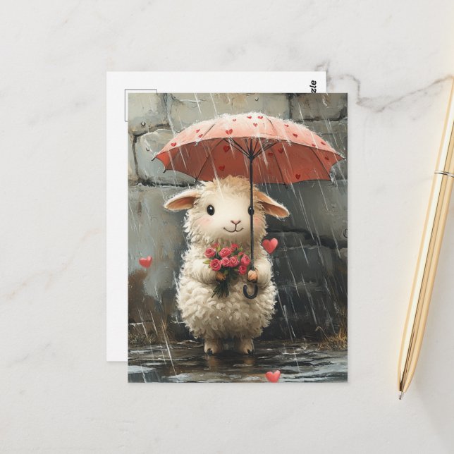 Lamm mit Herz, Rose und Schirm Postkarte (Vorderseite/Rückseite Beispiel)