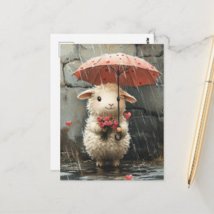 Lamm mit Herzen, Rosen und Regenschirm Postkarte