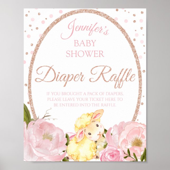 Lamm Pink Peony und Rose Baby Dusche Windel Raffel Poster (Vorne)