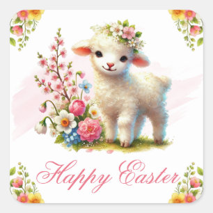 Lamm und Frühlingsblumen Frohe Ostern Quadratischer Aufkleber