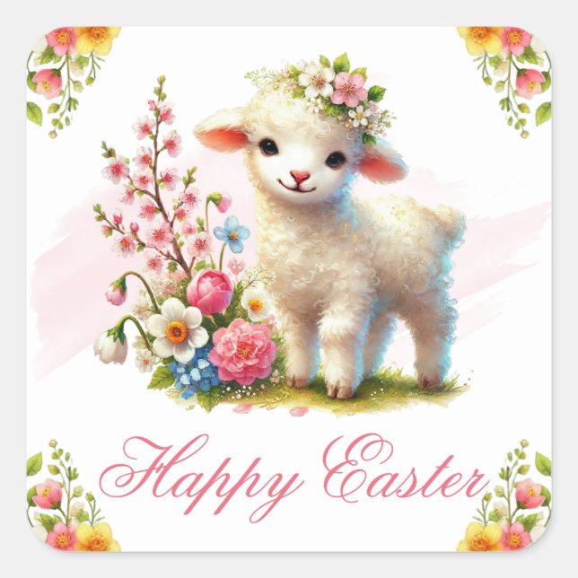 Lamm und Frühlingsblumen Frohe Ostern Quadratischer Aufkleber (Vorderseite)