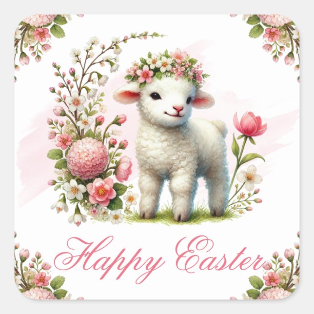Lamm und Frühlingsblumen Frohe Ostern Quadratischer Aufkleber (Vorderseite)