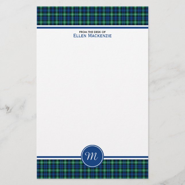 Lamont Clan Bright Blue und Green Tartan Monogram Briefpapier (Vorderseite)