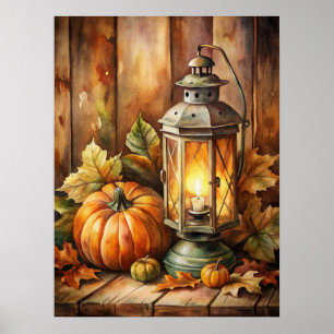 Lampe und Kürbisse Herbst Poster