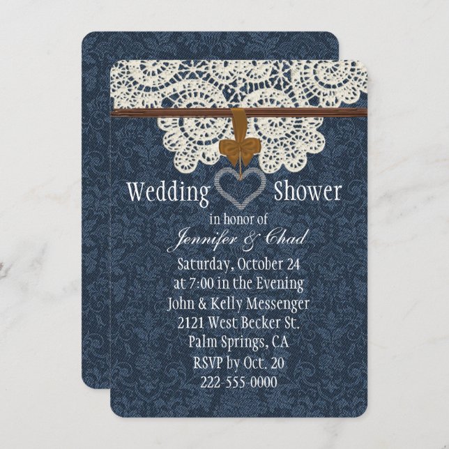 Land-Denim-u. Elfenbein-Spitze-Polterabend Einladung (Vorne/Hinten)