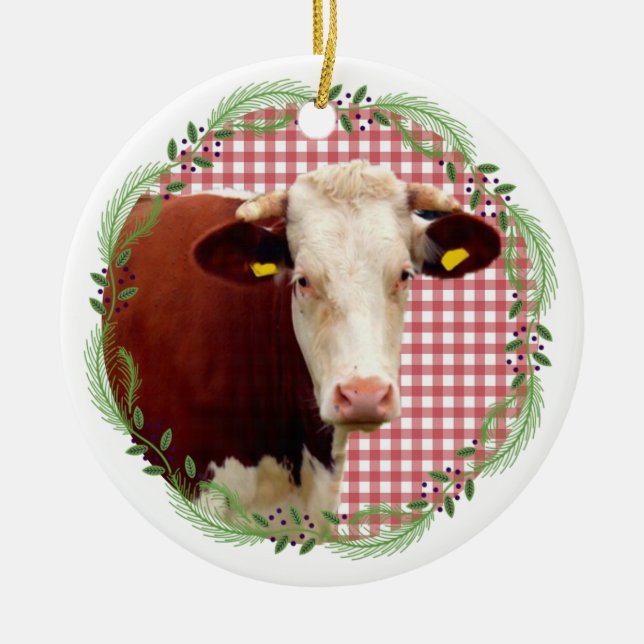 Land Farm Tier Kuh Gingham Weihnachtskranz Keramik Ornament (Vorne)