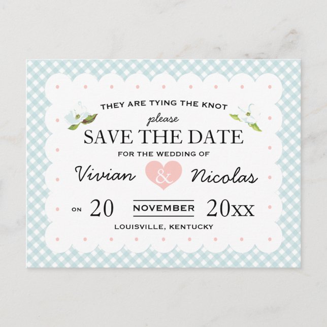 Land Floral Gingham Pink Save the Date Blau Ankündigungspostkarte (Vorderseite)