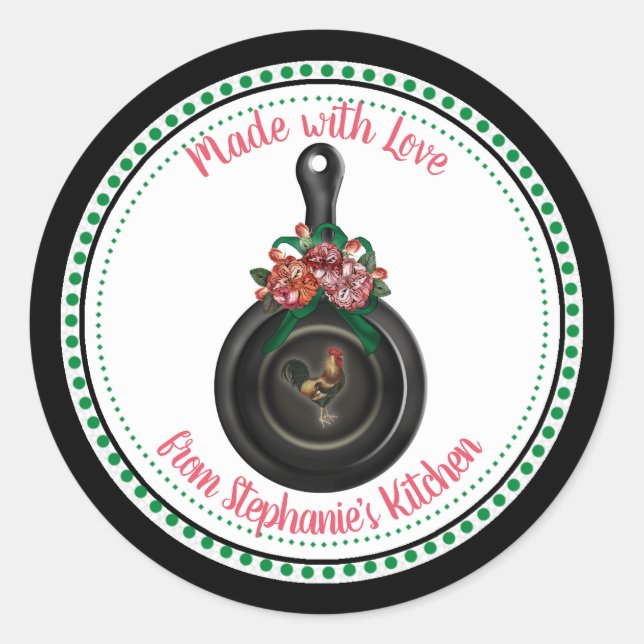 Land Floral | Rooster Iron Skillet Küche Runder Aufkleber (Vorderseite)