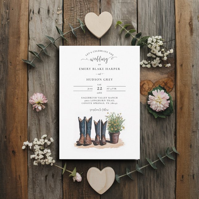 Land Frau Cowboy Boots Wildblumen Hochzeit Einladung (country wedding invitation rustic western barn chic modern watercolor cowboy boots watercolor)