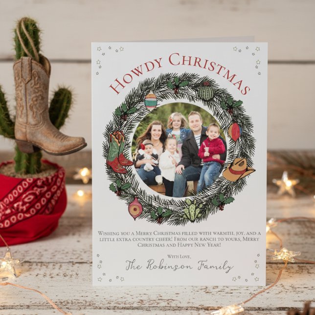 Land Frohe Weihnachten Weihnachten Weihnachten Wei (Western Christmas Card. Pine Wreath, Vintage Ornaments, Family Photo, Stars. Hand Drawn Illustration)