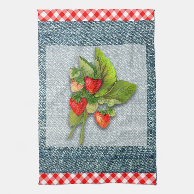 Land Gingham, Denim und Erdbeeren Handtuch (Vertikal)