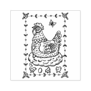 LAND HEN, NEST, EGG, CHICK FOLK ART BORDER nett Gummistempel