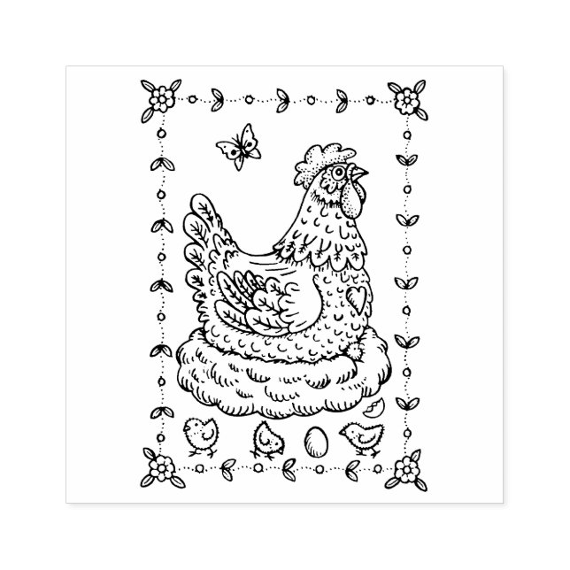 LAND HEN, NEST, EGG, CHICK FOLK ART BORDER nett Gummistempel (Prägung)