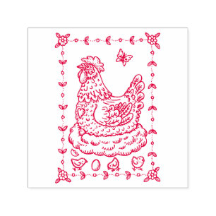 LAND HEN, NEST, EGG, CHICK FOLK ART BORDER nett Permastempel