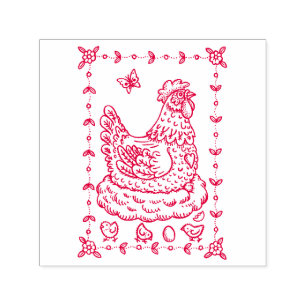 LAND HEN, NEST, EGG, CHICK FOLK ART BORDER nett Permastempel