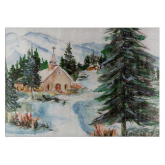 Land-Kirche in der Winter-Aquarell-Gebirgsszene Schneidebrett