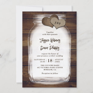 Land Mason Glas Jute Herzen Scheunen Holz Hochzeit Einladung