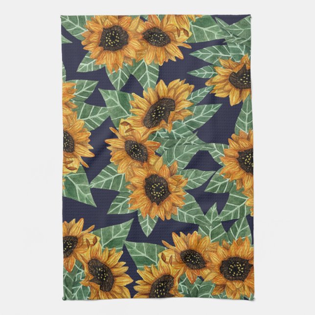 Land Niedlich Yellow Navy Sonnenblumen Wasserfarbe Geschirrtuch (Vertikal)