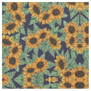 Land Niedlich Yellow Navy Sonnenblumen Wasserfarbe Stoff