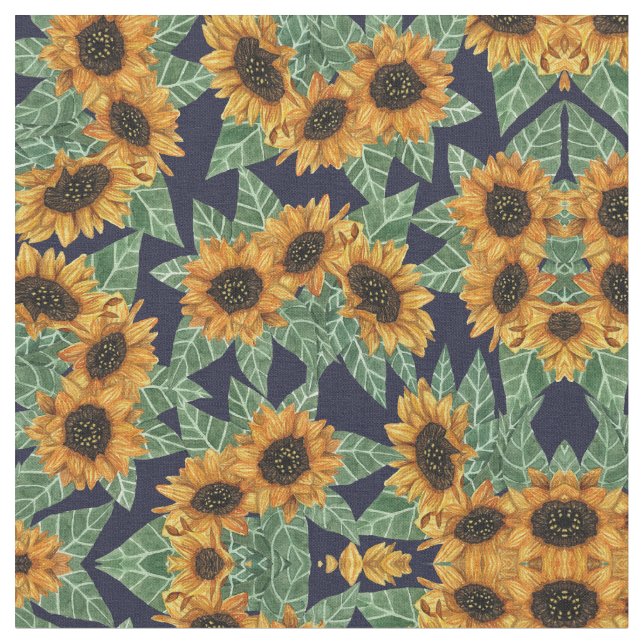 Land Niedlich Yellow Navy Sonnenblumen Wasserfarbe Stoff (Nahaufnahme)