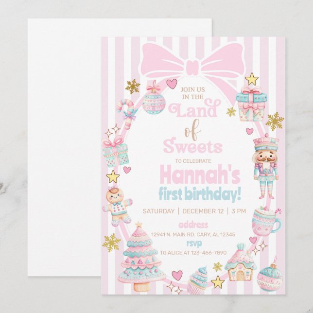 Land of Sweets girl Christmas birthday invite. Einladung (Vorne/Hinten)