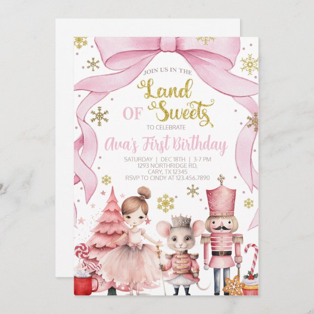 Land of Sweets nutcracker birthday invitation. Einladung (Vorne/Hinten)