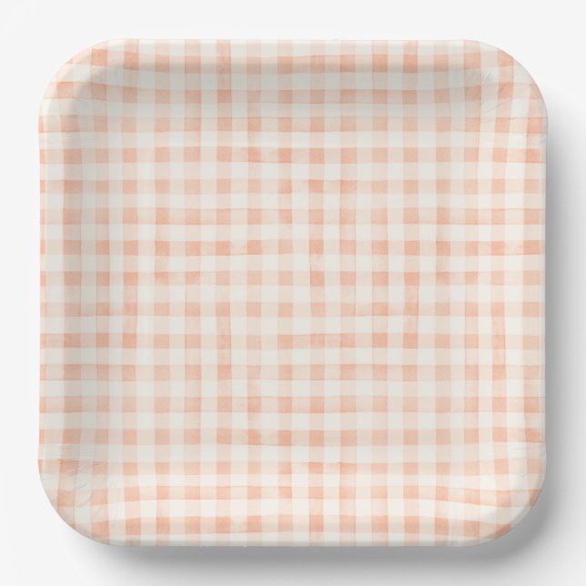 Land Peach farbige Gingham Paper Teller (Vorderseite)