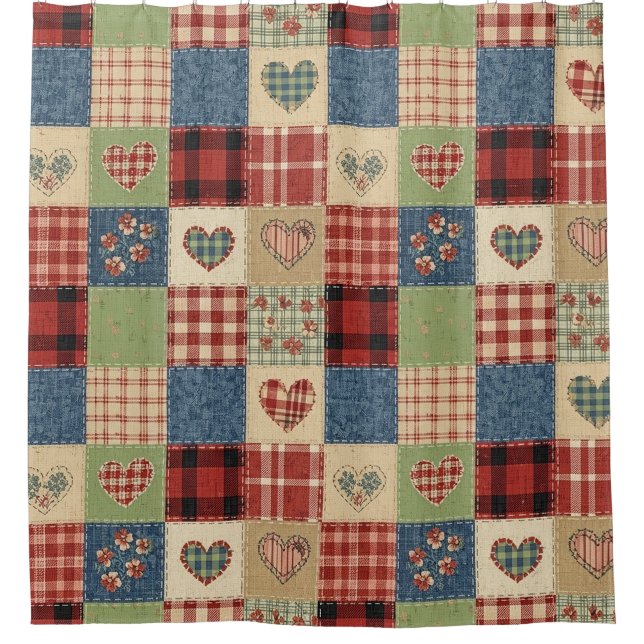 Land-Quilt-Herz-Patchwork Rot Blau Duschvorhang (Vorderseite)
