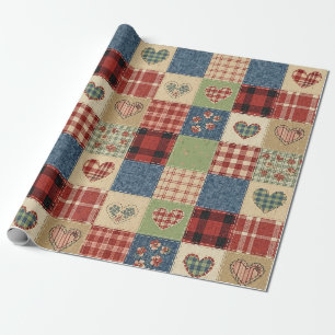 Land-Quilt-Herz-Patchwork Rot Blau Geschenkpapier