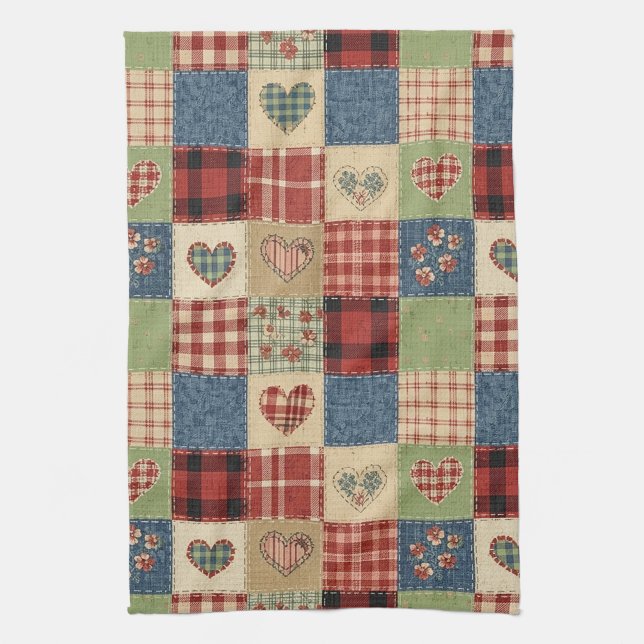 Land-Quilt-Herz-Patchwork Rot Blau Geschirrtuch (Vertikal)