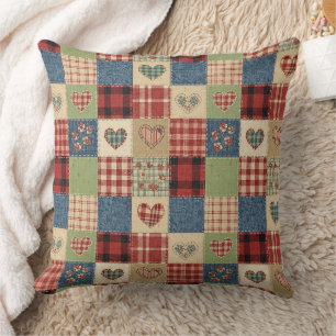 Land-Quilt-Herz-Patchwork Rot Blau Kissen