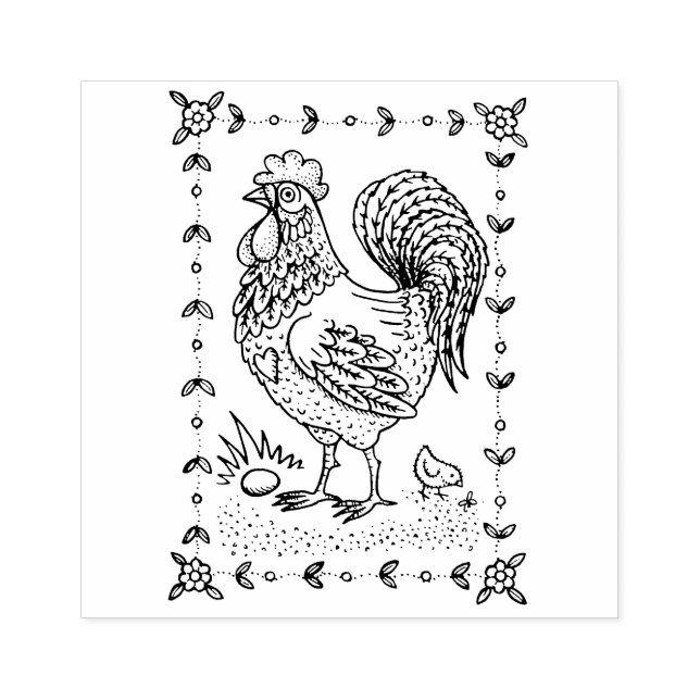 LAND ROOSTER, EGG & CHICK FOLK ART BORDER nett Gummistempel (Prägung)