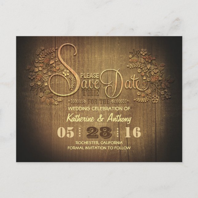 Land rustikal Save the Date Postkarte aus Holz (Vorderseite)