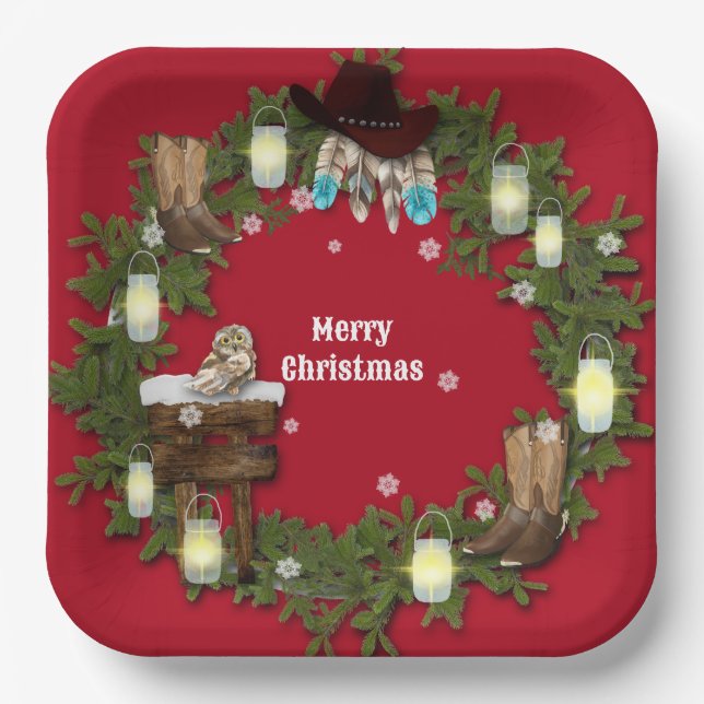 Land rustikal, Western, Jar Lights Cowboy Boots Pappteller (Vorderseite)