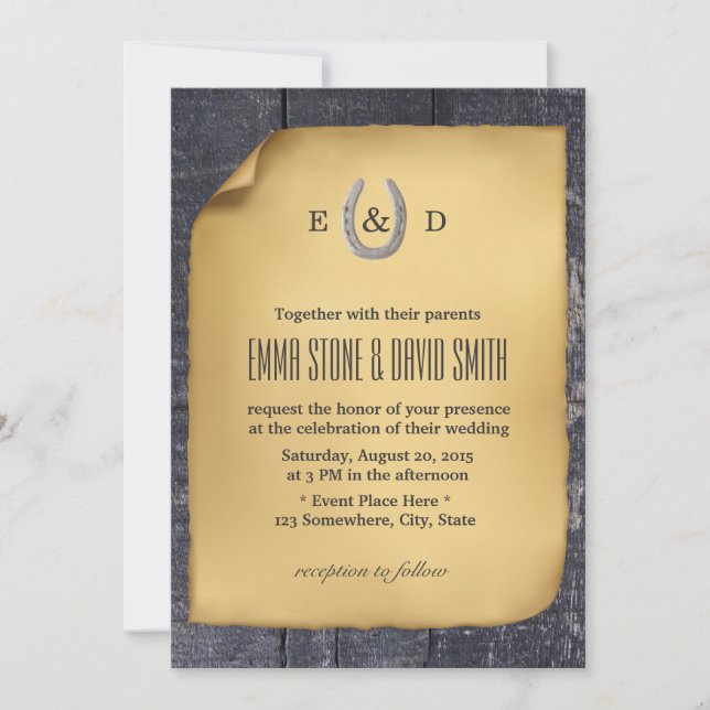 Land Rustikale Horseshoe Barn Wood Wedding Einladung (Vorderseite)