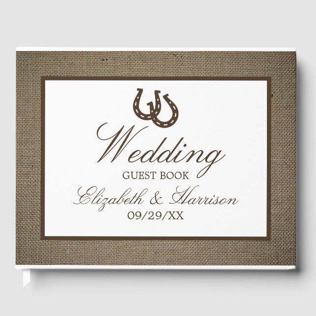 Land Rustikale Hufeisen auf Burlap-Hochzeit Gästebuch (Vorderseite)