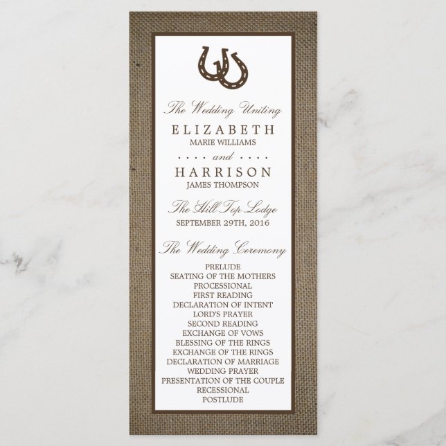 Land Rustikale Hufeisen auf Burlap-Hochzeit Programm (Vorderseite)