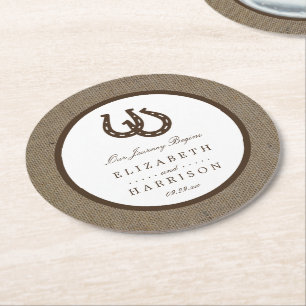 Land Rustikale Hufeisen auf Burlap-Hochzeit Runder Pappuntersetzer