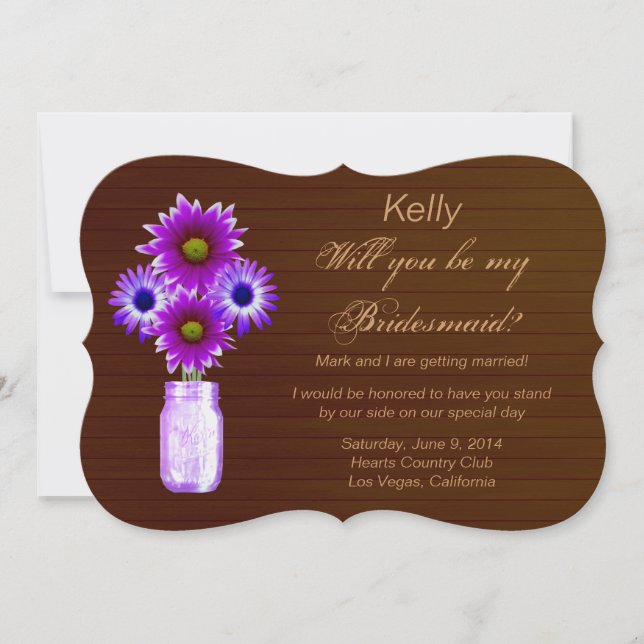 Land Rustikale Lila Mason Jar Bridesmaid Card Einladung (Vorderseite)