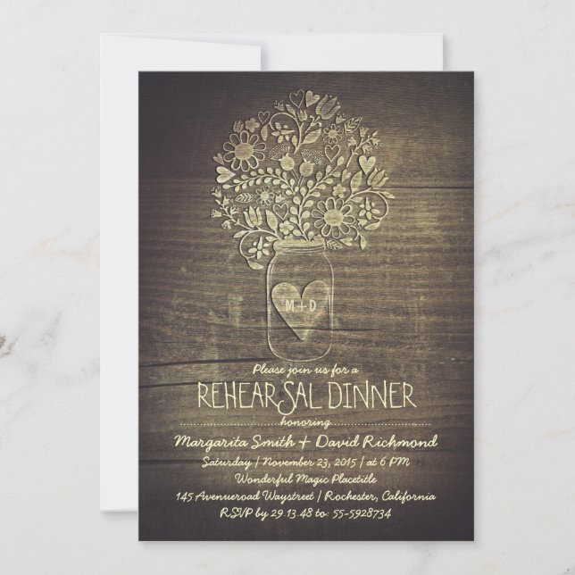 Land rustikale Mason Jar Blumenkohl Probe Abendess Einladung (Vorderseite)