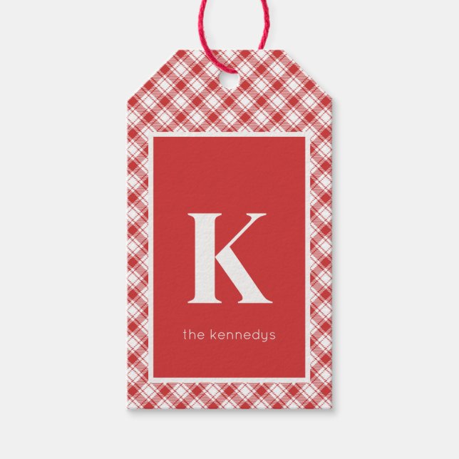 Land Rustikale rot-weiße Karierte Monogramm Geschenkanhänger (Vorderseite)