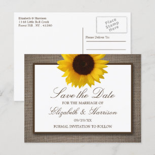 Land Rustikale Sonnenblume auf Burlap Save the Dat Postkarte