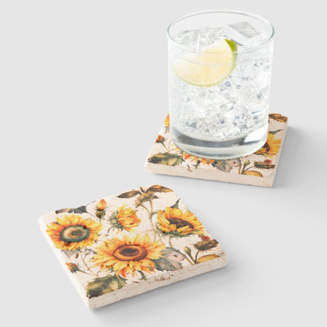 Land Rustikale Sonnenblume Steinuntersetzer (Seitenansicht)